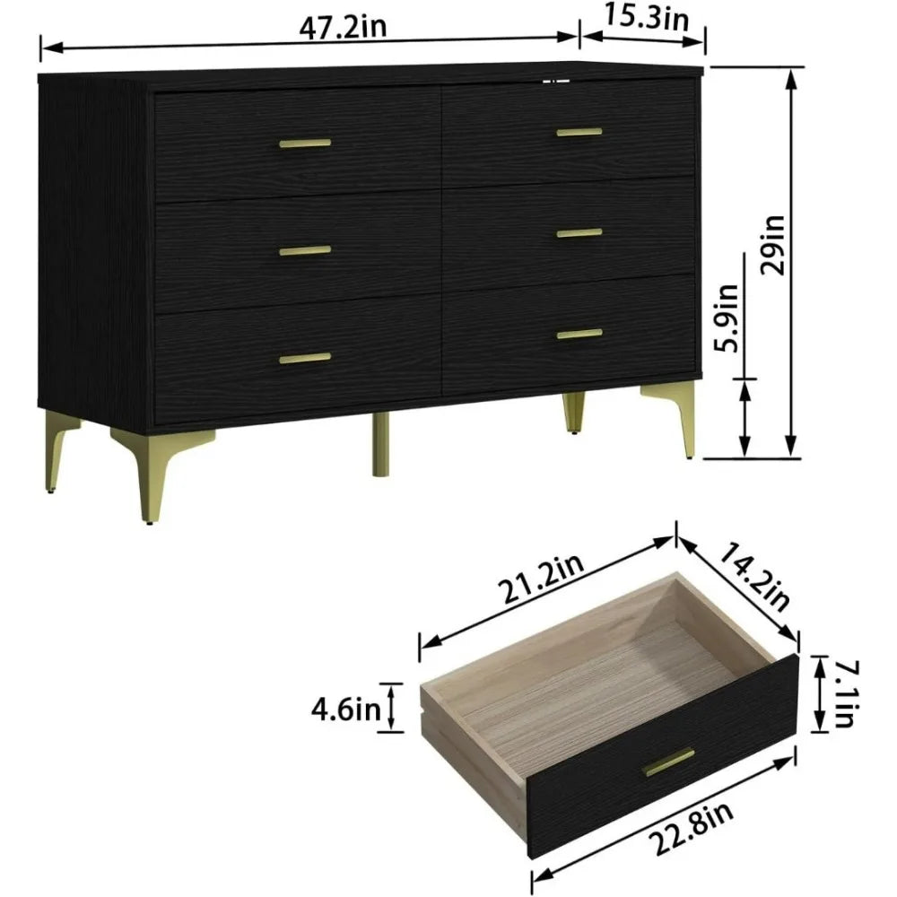 Modern 6 Drawer Wood Dresser, Wood Lateral Chest of Drawers Storage Organizer  for Bedroom, Living Room, Hallway, Entryway