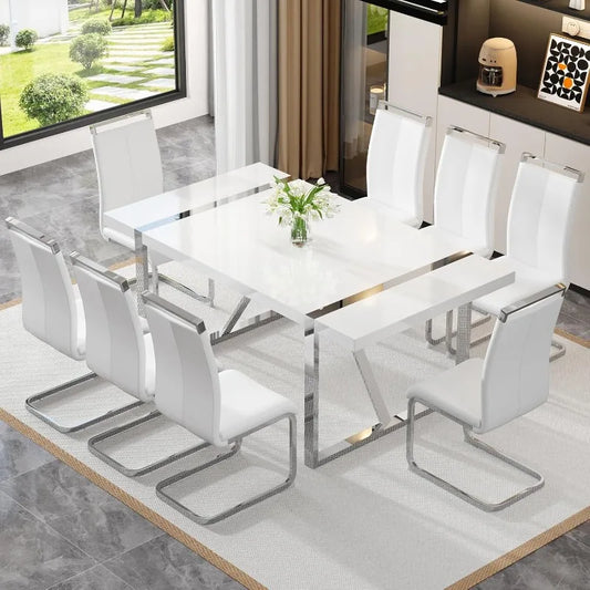 White Dining Table Set for 8，71'' Rectangular Kitchen Table and Leather Dining Chairs Set of 8, 9 Piece Dining Room Table