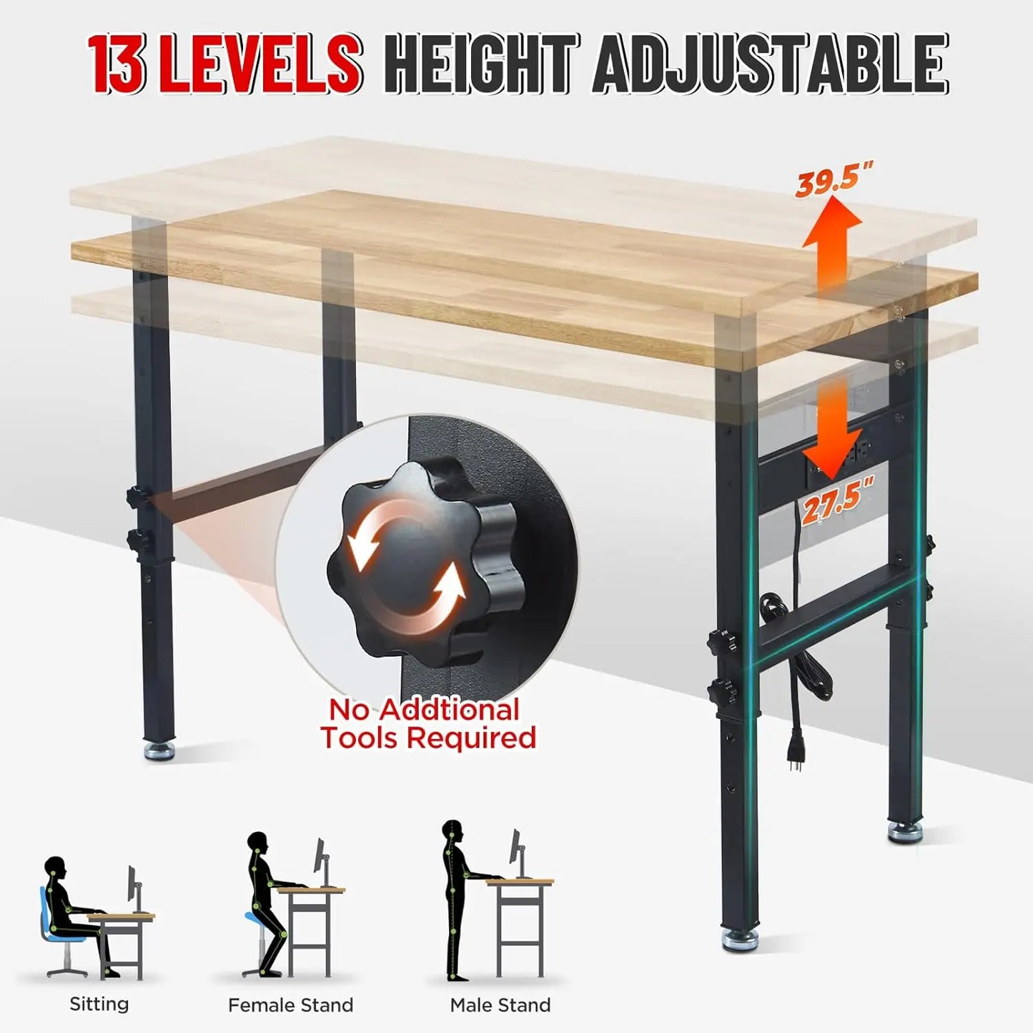 Work Bench Garage Workbench with Power Outlets, 2200 Lbs Capacity Hardwood Top Work Bench Table Heavy-Duty Workbench for Garage,