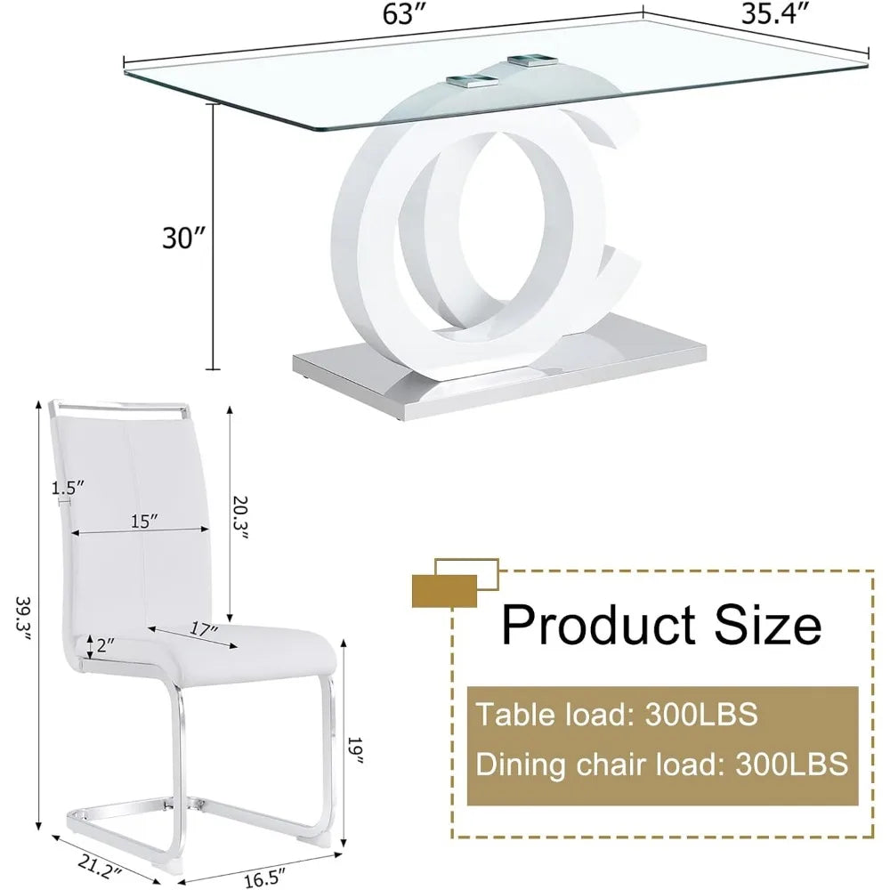 Glass Dining Table Set for 6 ,7 Piece Dining Table Set,Tempered Glass Table Top,PU Leather Ergonomic Dining Chairs Easy Assembly