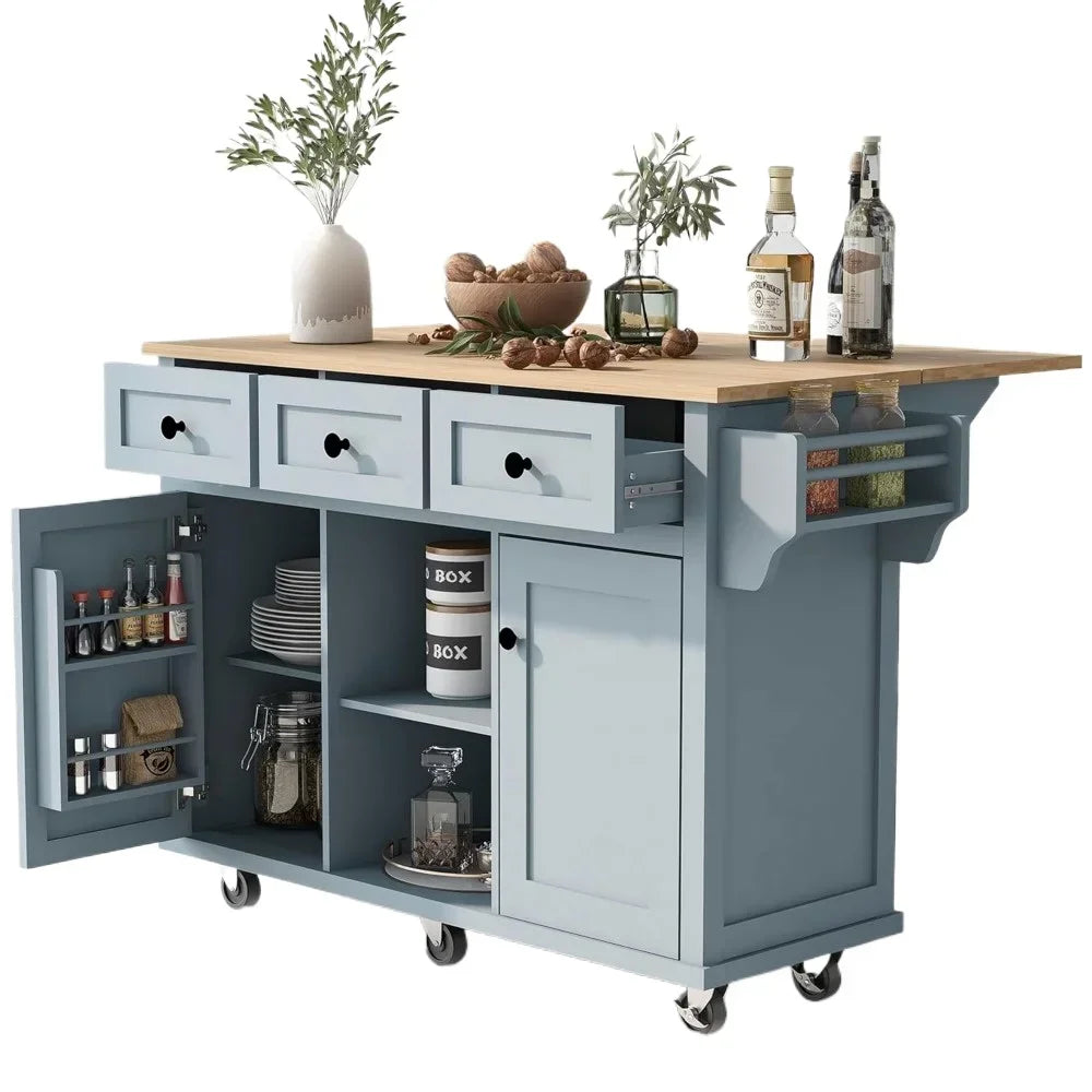 kitchen islands table，Kitchen Island with Drop Leaf, Wood Kitchen Island on Wheel with Internal Storage Racks (Gray Blue,53.1"D)