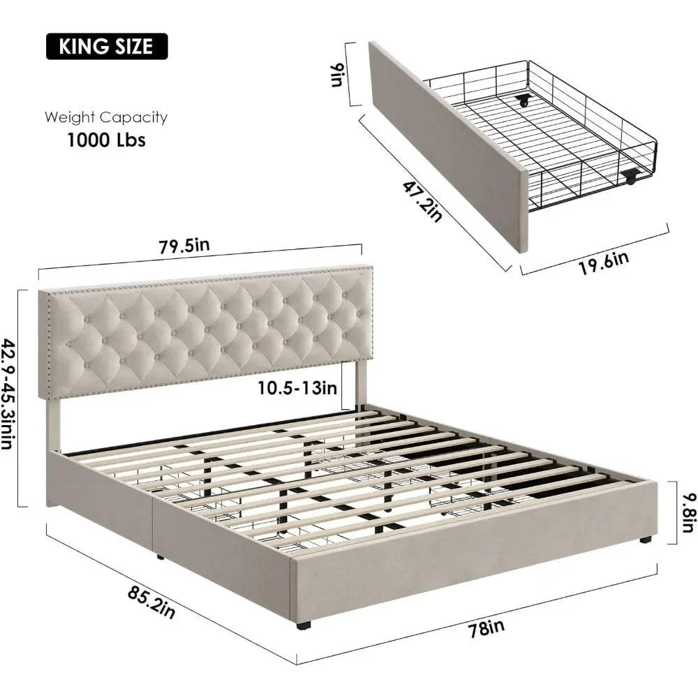 King Size Bed Frame with 4 Storage Drawers,