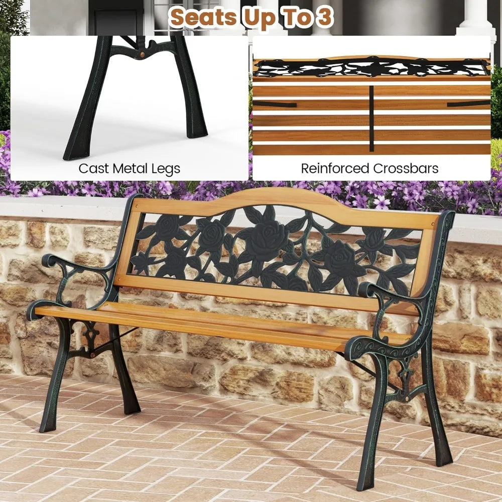 Outdoor Garden Bench Park Bench, Patio Furniture Bench Chair with Cast Iron & Hardwood Structure, Weather Proof Porch