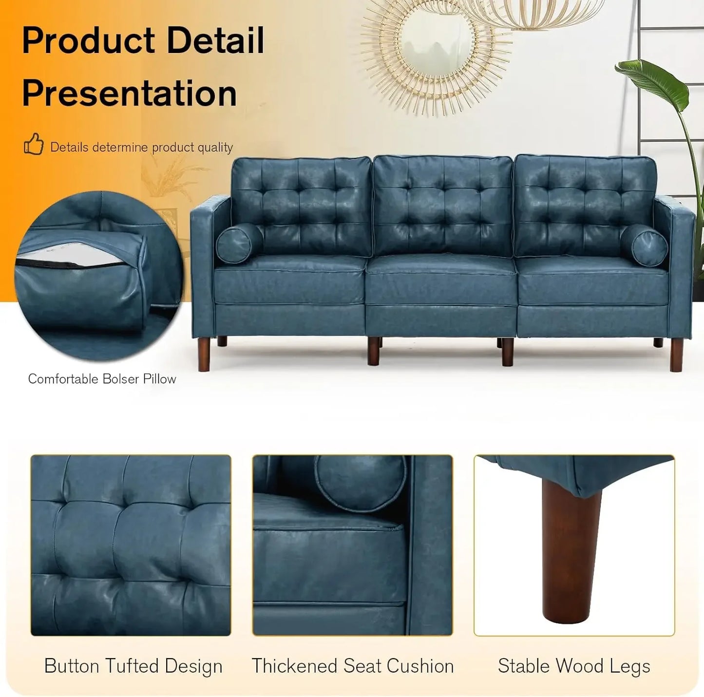 84" Premium Faux Leather 3-Seat Sofa w/Two Bolster Pillows and Tufted Backrest, Mid-Century Modern Sofa