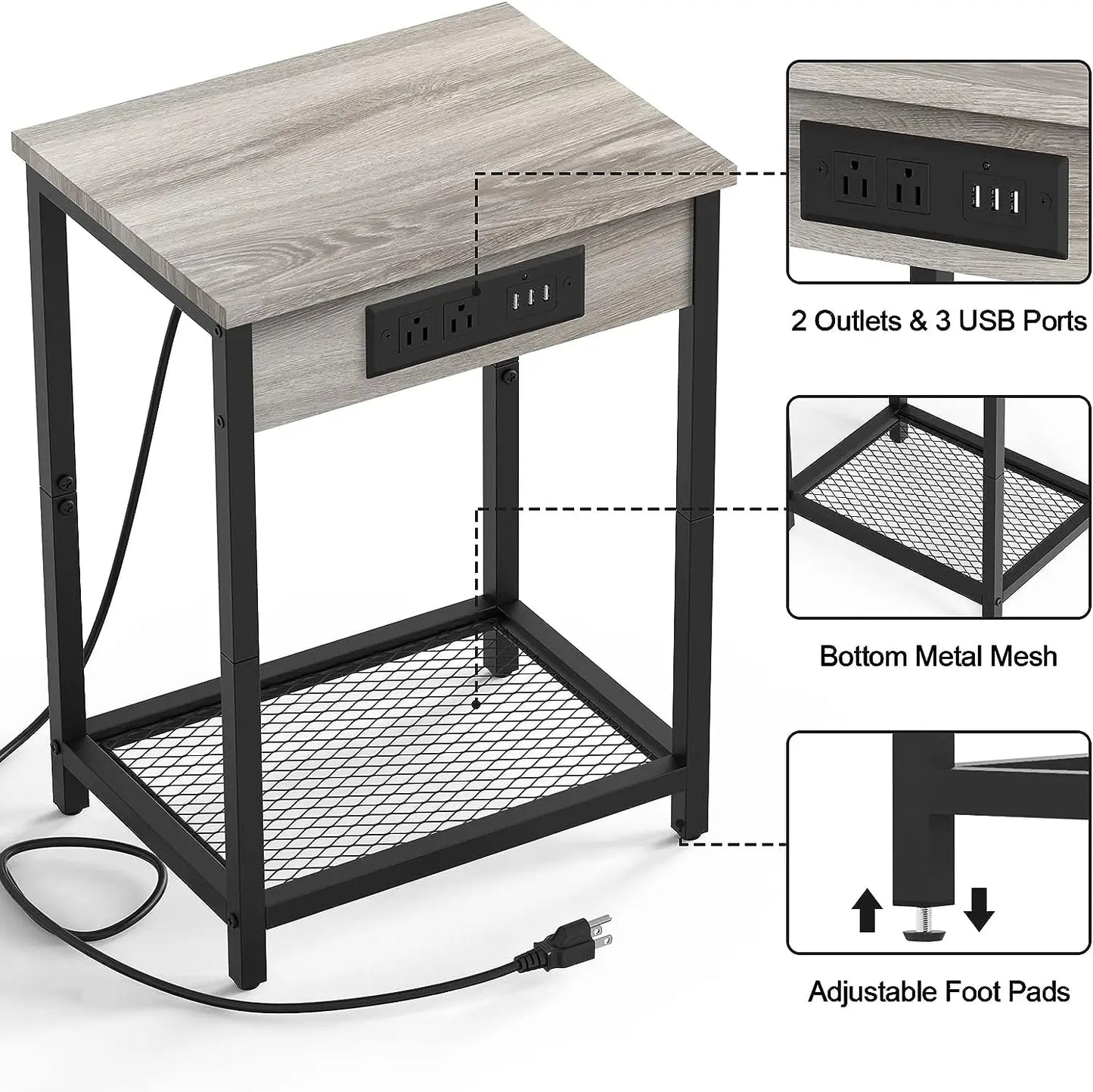 Set of 2 Gray Bedroom Nightstand w/Charging Station