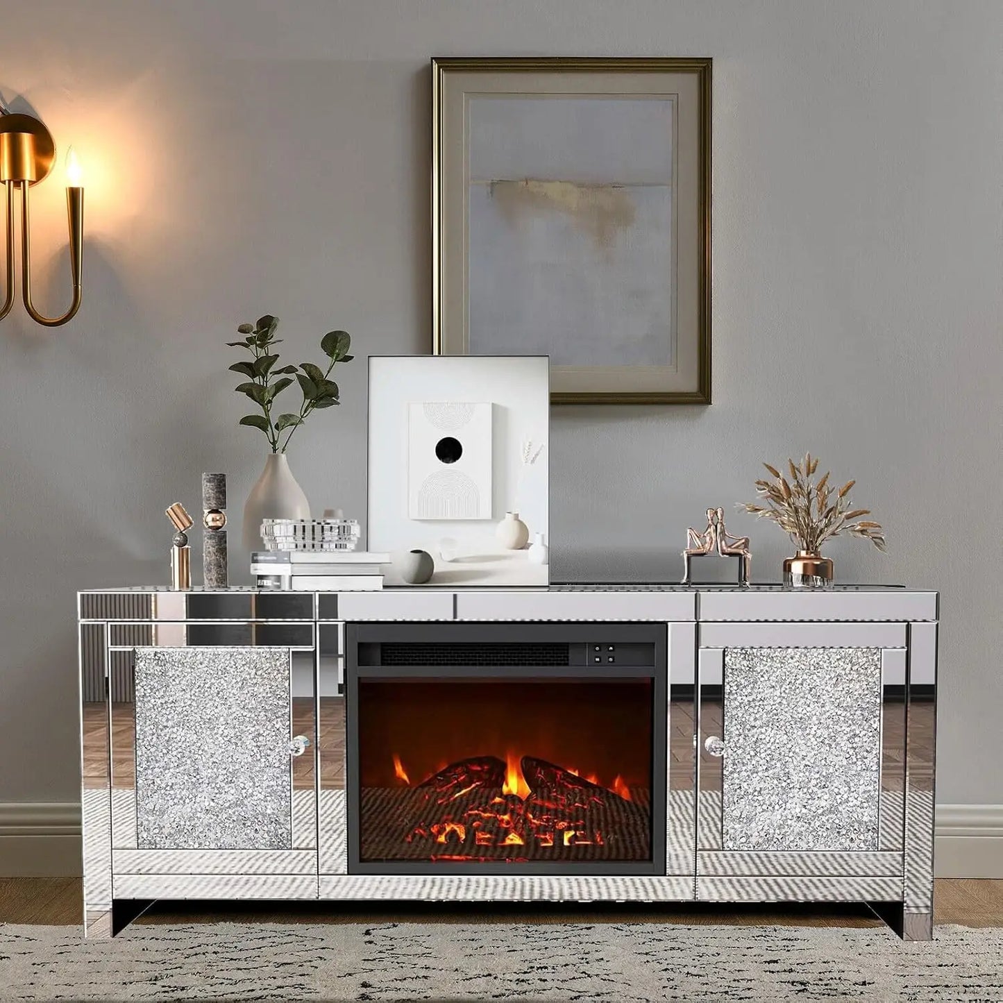 Silver TV Stand, Mirrored Fireplace TV Stand with LED Light