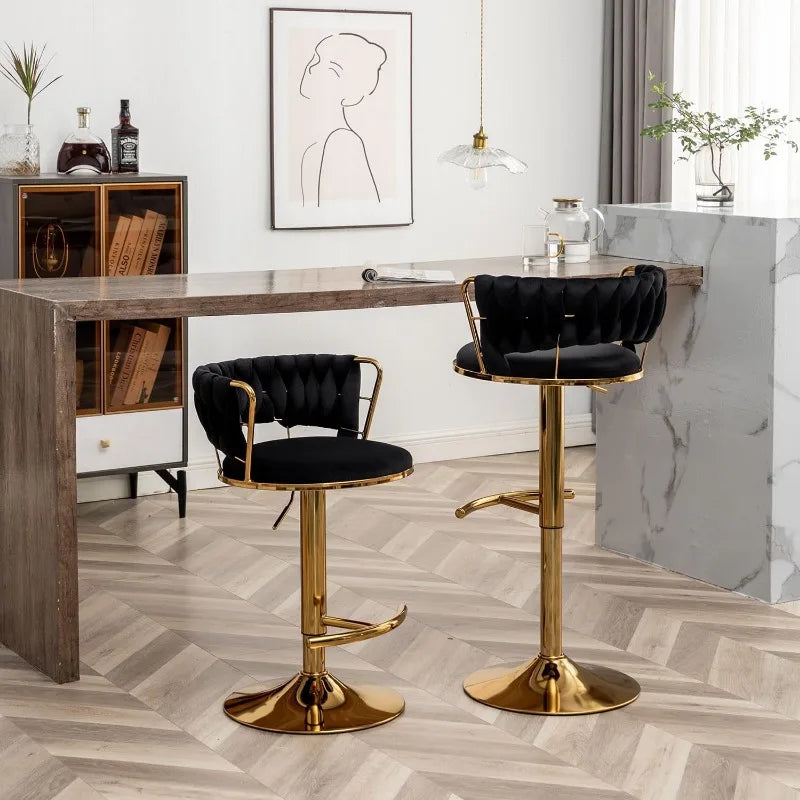 Velvet Bar Stools Set of 2, Counter Height Bar Chairs with Low Back, Gold Swivel Bar Stool for Kitchen Island