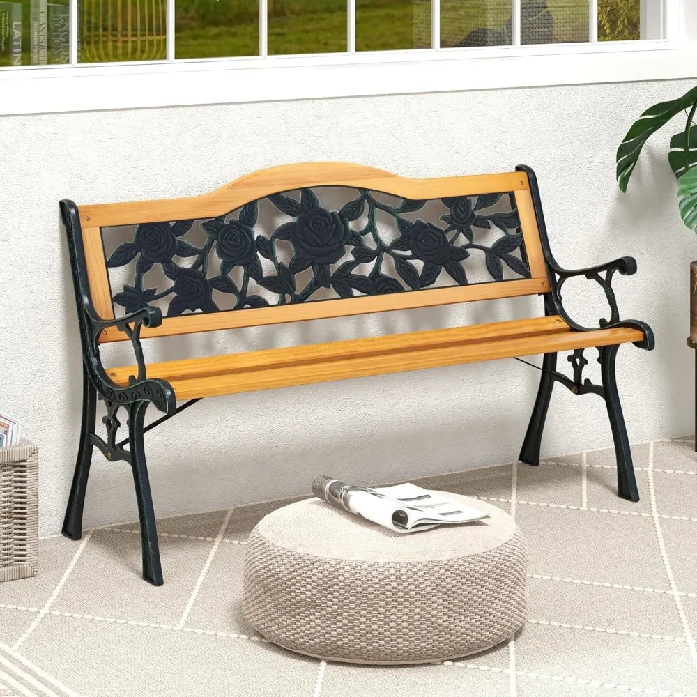 Outdoor Garden Bench Park Bench, Patio Furniture Bench Chair with Cast Iron & Hardwood Structure, Weather Proof Porch