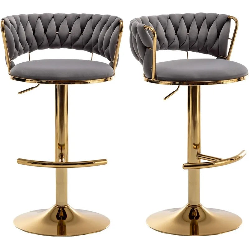 Velvet Bar Stools Set of 2, Counter Height Bar Chairs with Low Back, Gold Swivel Bar Stool for Kitchen Island