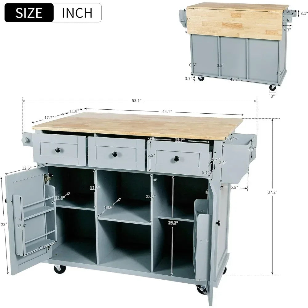 kitchen islands table，Kitchen Island with Drop Leaf, Wood Kitchen Island on Wheel with Internal Storage Racks (Gray Blue,53.1"D)