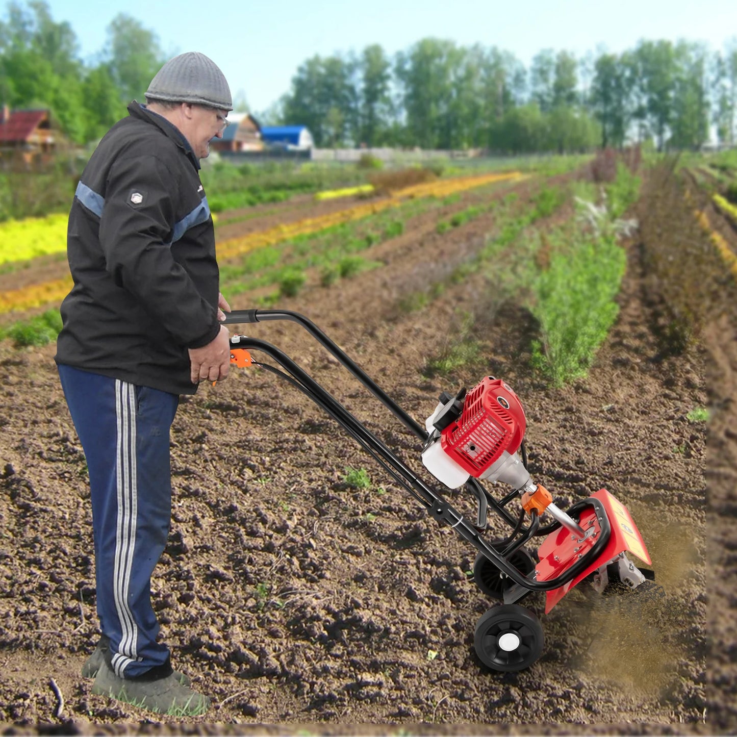 2-Stroke 52CC Petrol Gas Garden Mini Tiller Hand-Pull Rototiller