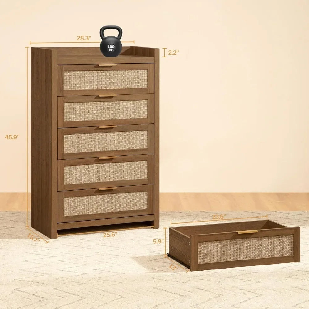 Tall Bedroom Drawers with 5 Rattan Wood Dresser, Sturdy & Durable, Safe & Secure, Easy To Assemble, Bedroom Storage Cabinet