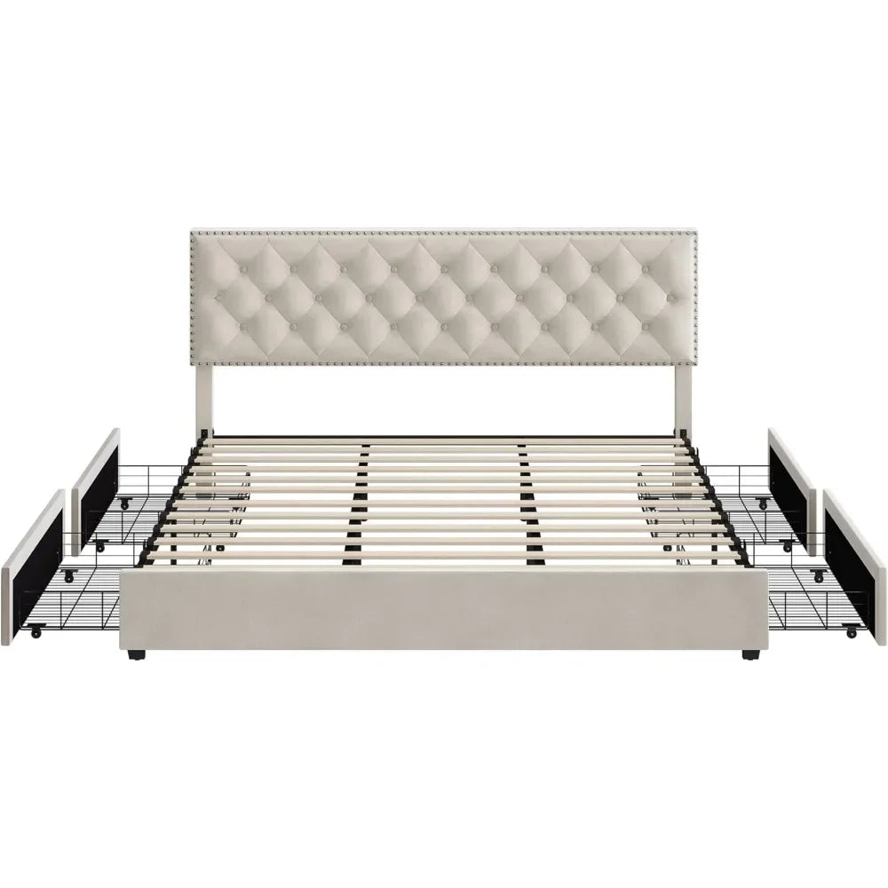 King Size Bed Frame with 4 Storage Drawers,