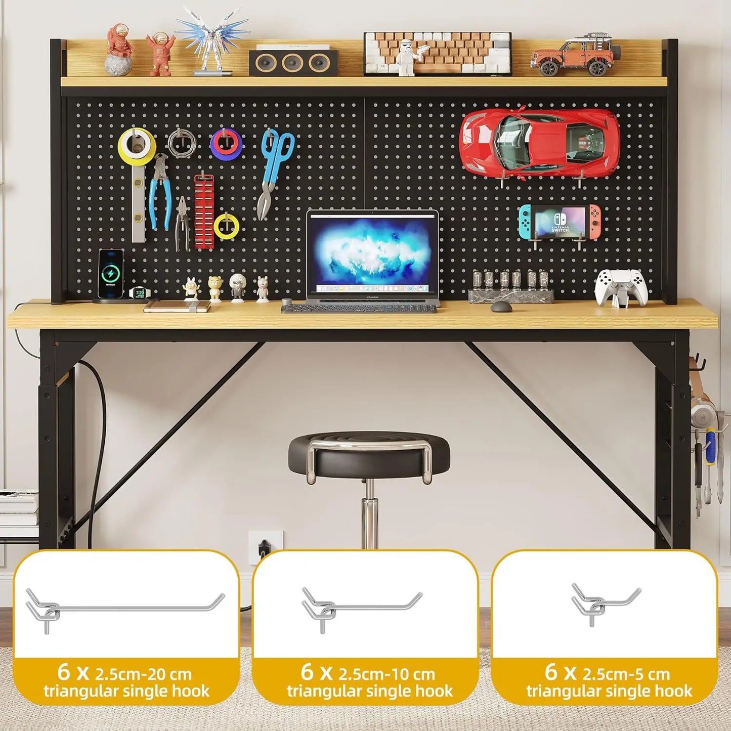 60" Adjustable Workbench with Pegboard Heavy Duty Wood Top Work Bench with Wheels 1600 LBS Load Capacity Rolling Work Table