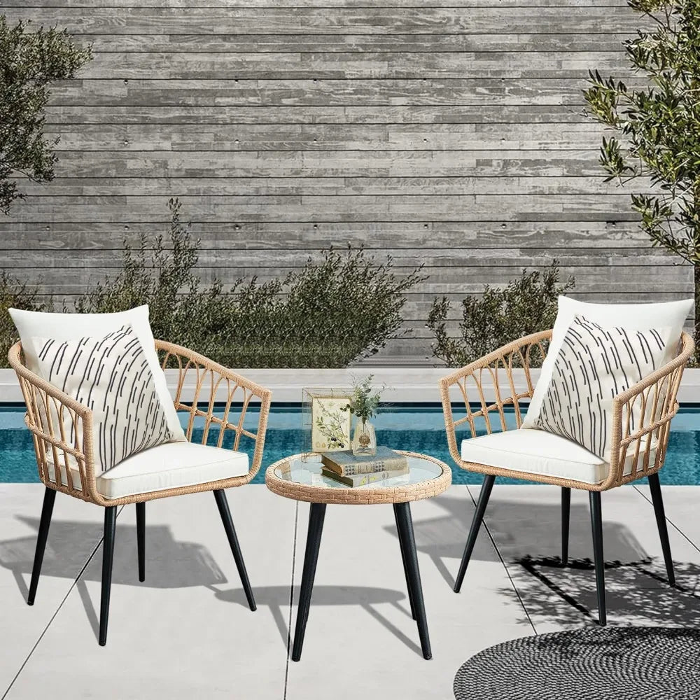 3 Piece Patio Bistro Set, Outdoor Wicker Apartment Balcony Furniture Sets, Rattan Table and Chairs Set of 2 for Porch Backyard