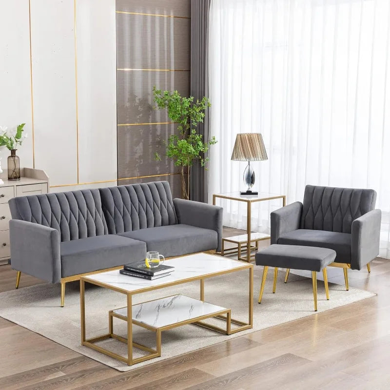 Velvet Convertible Futon Sofa Bed with Golden Metal Legs, 70" Tufted Loveseat Couch Sleeper Futon Sofa with Adjustable Armrests