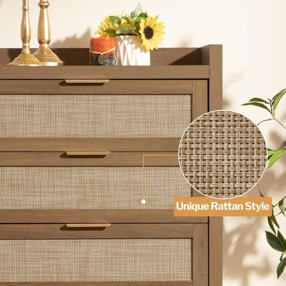 Tall Bedroom Drawers with 5 Rattan Wood Dresser, Sturdy & Durable, Safe & Secure, Easy To Assemble, Bedroom Storage Cabinet