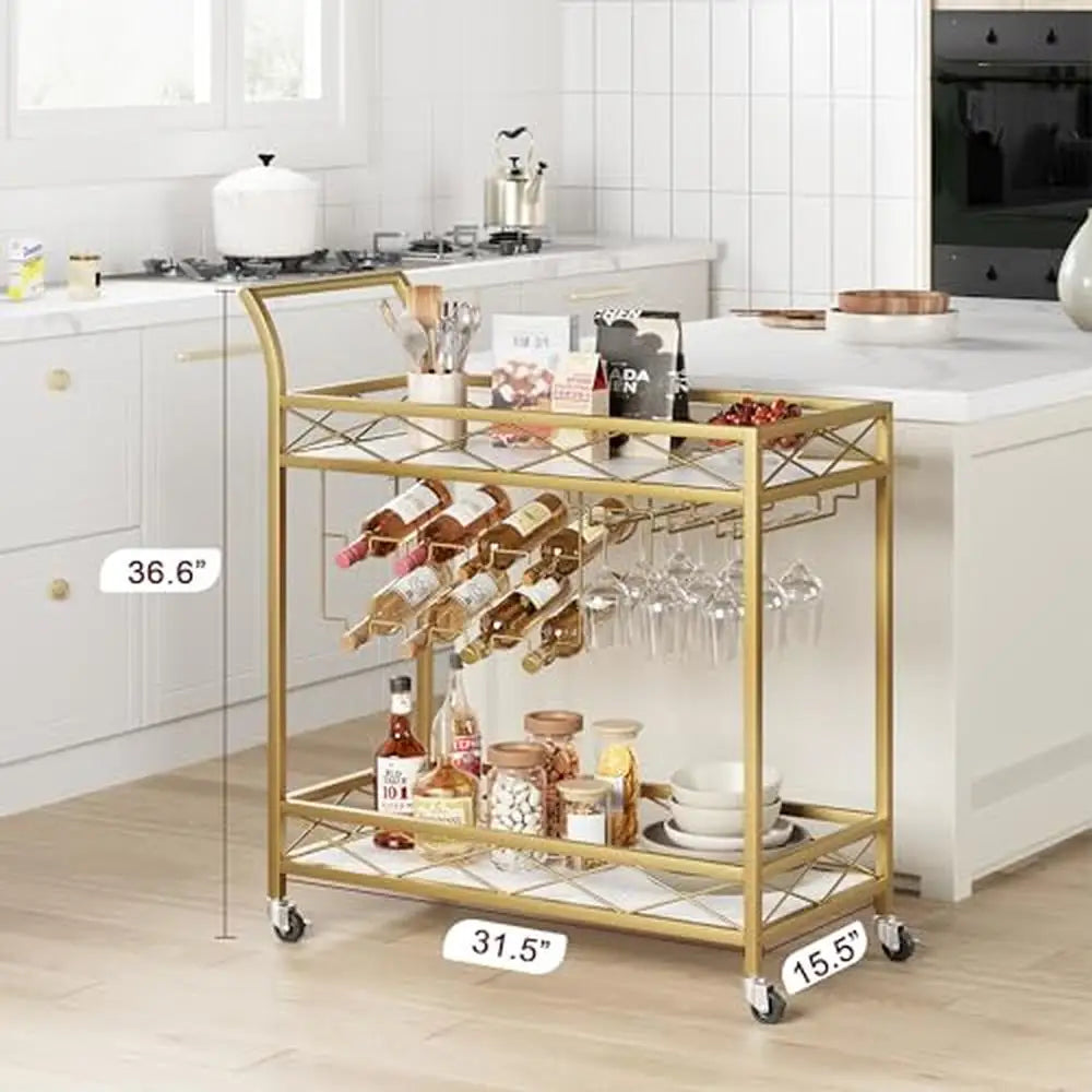 Gold 2 Tier Bar Cart with Wheels