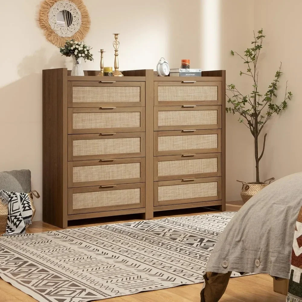 Tall Bedroom Drawers with 5 Rattan Wood Dresser, Sturdy & Durable, Safe & Secure, Easy To Assemble, Bedroom Storage Cabinet